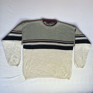 VTG Knit Sweater Mens L Large Stripes Pazzo White Black Maroon 90s Boxy Cotton
